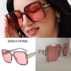 Oversized Square Sunglasses Gray Frame Pink Lens Gold DetailTrendy Fashion UV400